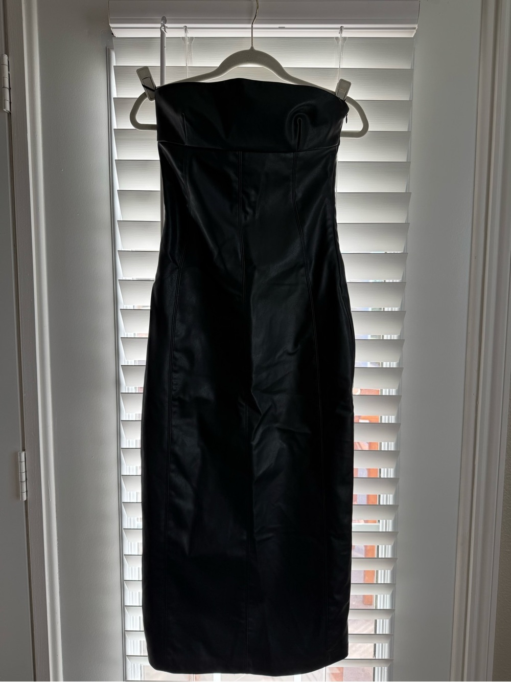 Zara Black Strapless Faux Leather Midi Dress